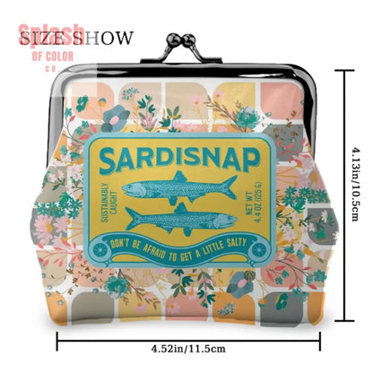 Sardine Can Tinned Fish Floral Modern Quirky Women’s Leather Kiss Lock Coin Purse - 4.5’’x4.1’’ - Wallet