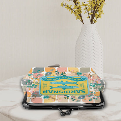 Sardine Can Tinned Fish Floral Modern Quirky Women’s Leather Kiss Lock Coin Purse - 4.5’’x4.1’’ - Wallet
