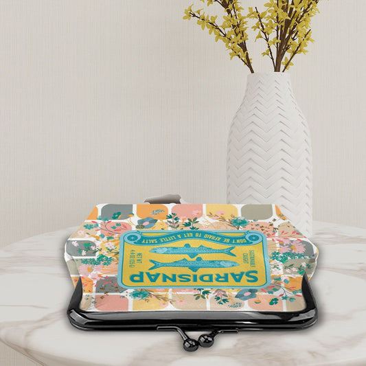 Sardine Can Tinned Fish Floral Modern Quirky Women’s Leather Kiss Lock Coin Purse - 4.5’’x4.1’’ - Wallet