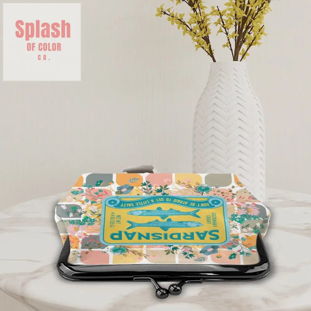Sardine Can Tinned Fish Floral Modern Quirky Women’s Leather Kiss Lock Coin Purse - 4.5’’x4.1’’ - Wallet