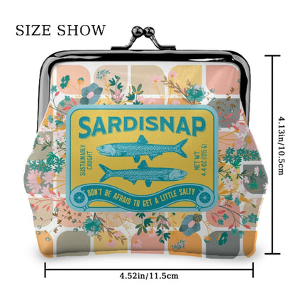Sardine Can Tinned Fish Floral Modern Quirky Women’s Leather Kiss Lock Coin Purse - 4.5’’x4.1’’ - Wallet