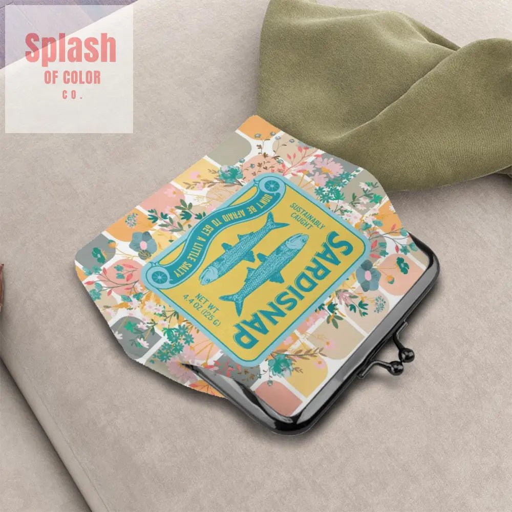 Sardine Can Tinned Fish Floral Modern Quirky Women’s Leather Kiss Lock Coin Purse - 4.5’’x4.1’’ - Wallet