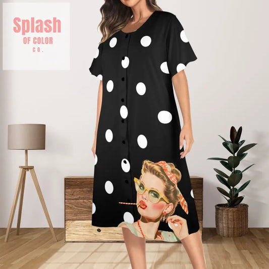 Sassy Gal Black White Polka Dot Comfy Muumuu Dress Pajamas