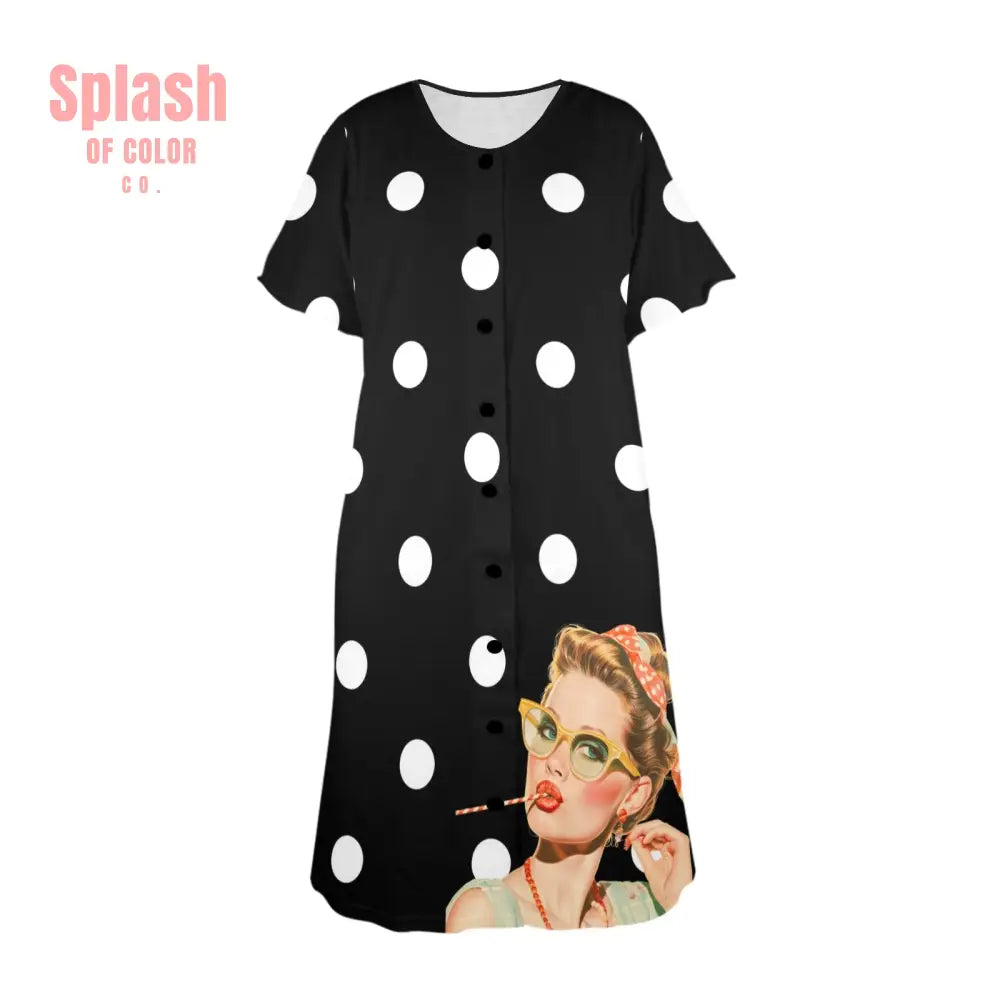 Sassy Gal Black White Polka Dot Comfy Muumuu Dress Pajamas
