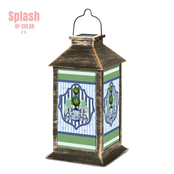 Staffordshire Asian Designed Green Blue Striped Preppy Solar Lantern - Splash of Color co.