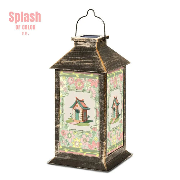 Mahjong Tile House Vintage Floral Green And Pink Solar Lantern - Splash of Color co.