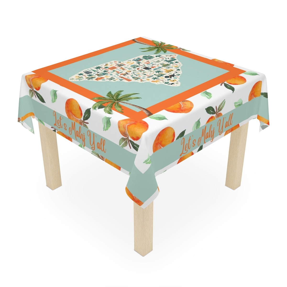 South Carolina peach Grove Tablecloth — "Let's Mahj Y'all" Peach & Palmetto Square Table Cover - Splash of Color Co.