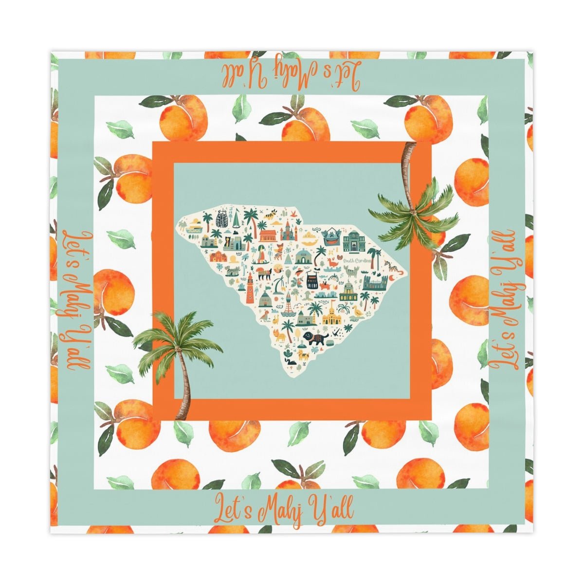 South Carolina peach Grove Tablecloth — "Let's Mahj Y'all" Peach & Palmetto Square Table Cover - Splash of Color Co.