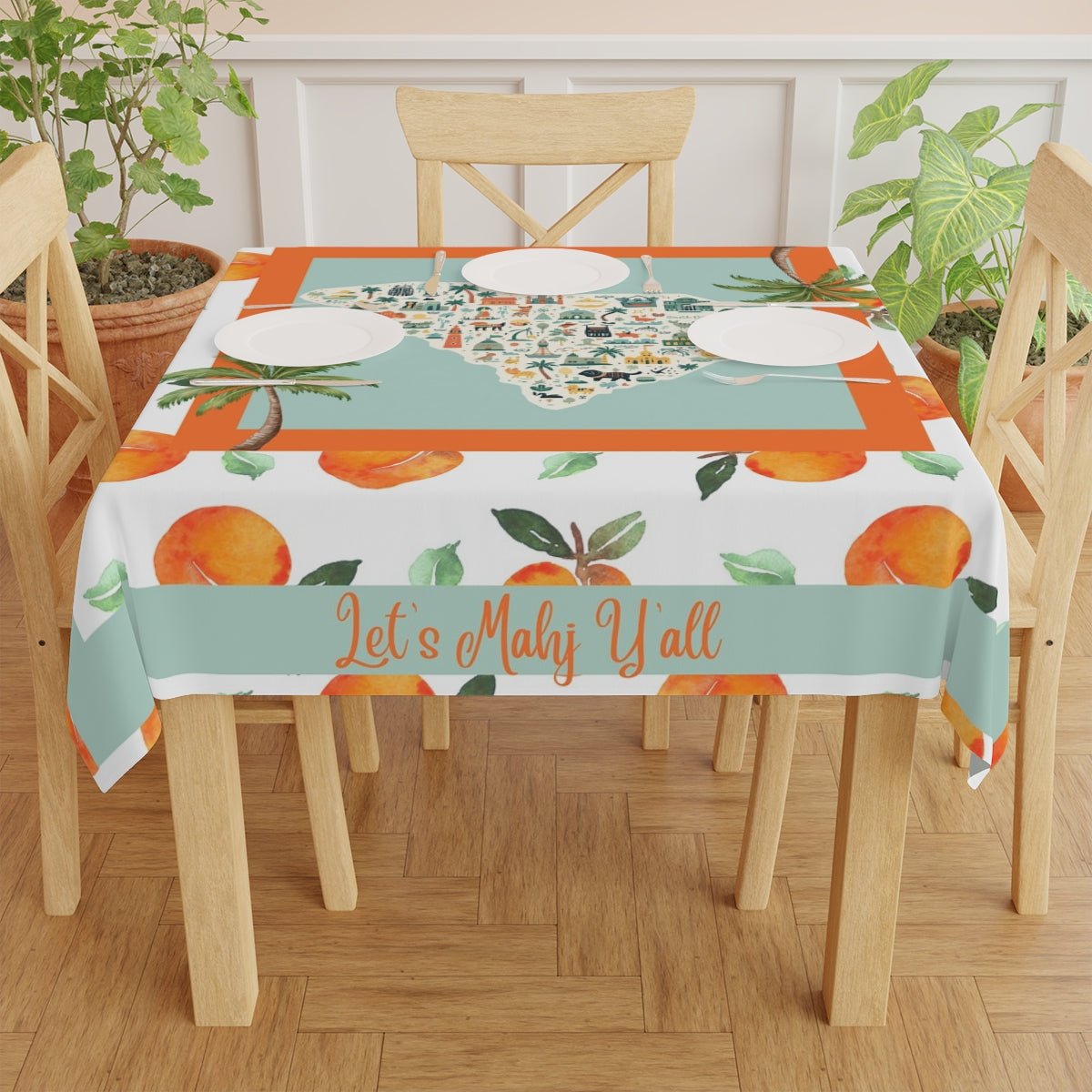 South Carolina peach Grove Tablecloth — "Let's Mahj Y'all" Peach & Palmetto Square Table Cover - Splash of Color Co.