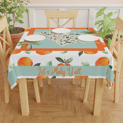 South Carolina peach Grove Tablecloth — "Let's Mahj Y'all" Peach & Palmetto Square Table Cover - Splash of Color Co.