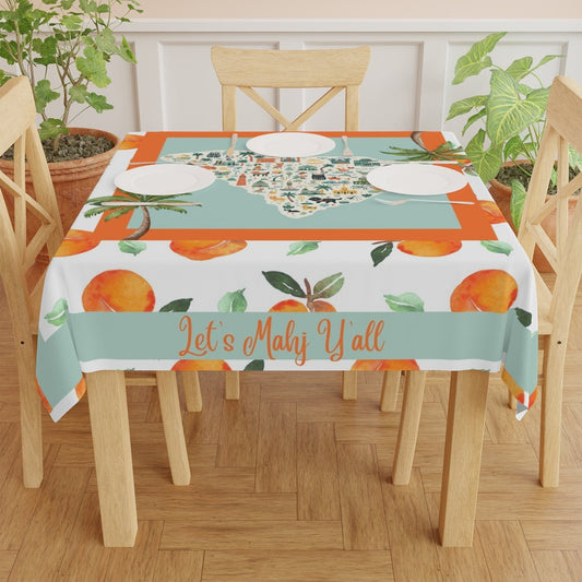 South Carolina peach Grove Tablecloth — "Let's Mahj Y'all" Peach & Palmetto Square Table Cover - Splash of Color Co.