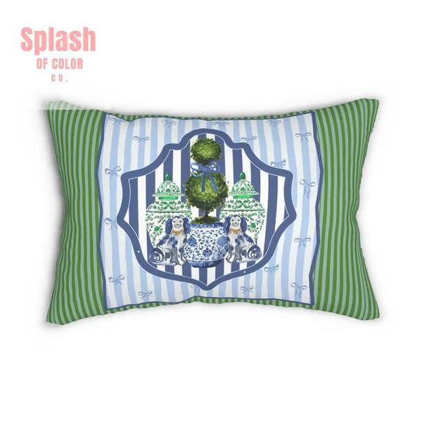 Staffordshire Dogs, Chinoiserie Green Blue Striped Chic Lumbar Pillow - Splash of Color co.