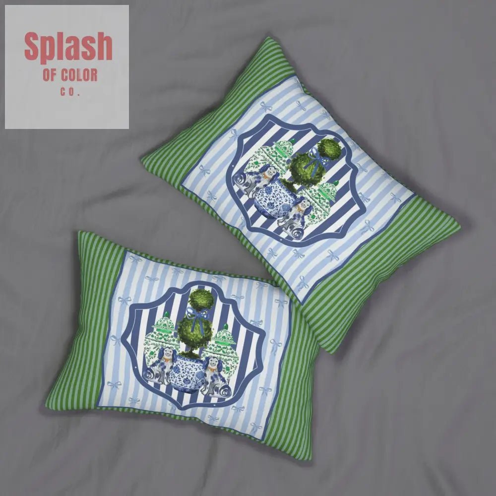 Staffordshire Dogs, Chinoiserie Green Blue Striped Chic Lumbar Pillow - Splash of Color co.