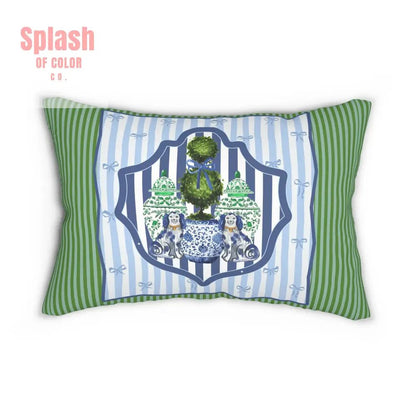Staffordshire Dogs, Chinoiserie Green Blue Striped Chic Lumbar Pillow - Splash of Color co.