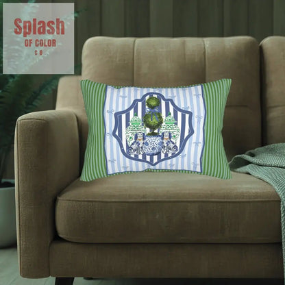 Staffordshire Dogs, Chinoiserie Green Blue Striped Chic Lumbar Pillow - Splash of Color co.