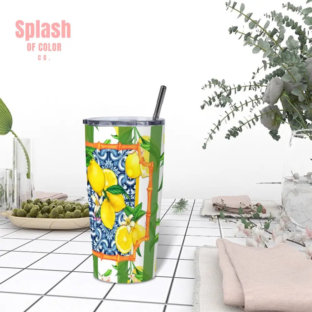Meditteranean Lemony Zest Blue Yellow Green Stainless Steel Insulated Tumblers with Lid & Straw (20oz) - Splash of Color co.