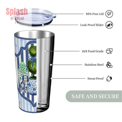 Staffordshire Asian Designed Green Blue Striped Preppy Stainless Steel Insulated Tumblers with Lid & Straw (20oz) - Splash of Color co.