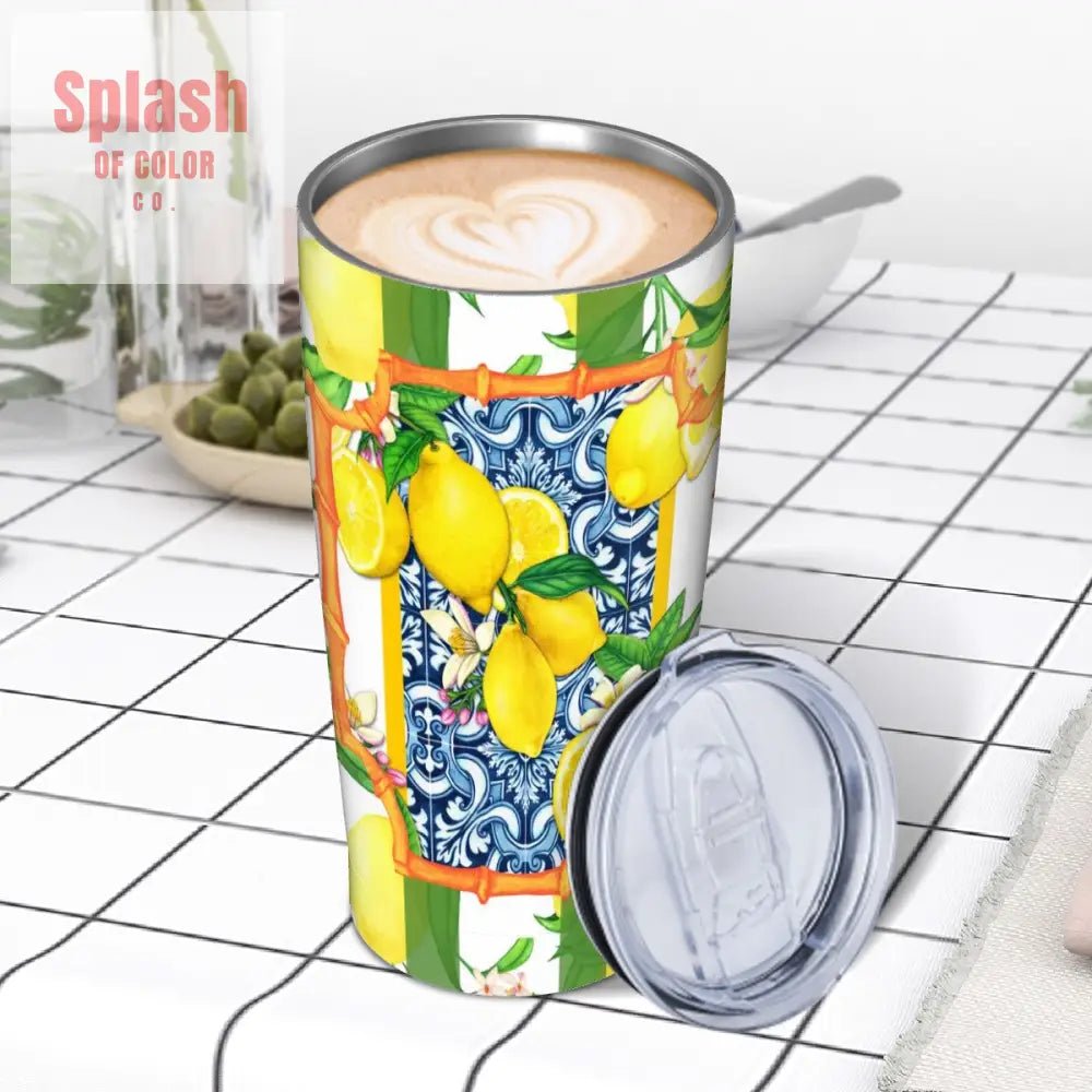 Meditteranean Lemony Zest Blue Yellow Green Stainless Steel Insulated Tumblers with Lid & Straw (20oz) - Splash of Color co.