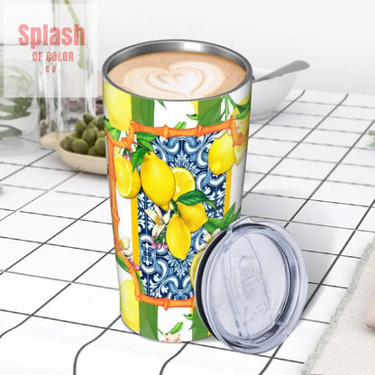 Meditteranean Lemony Zest Blue Yellow Green Stainless Steel Insulated Tumblers with Lid & Straw (20oz) - Splash of Color co.