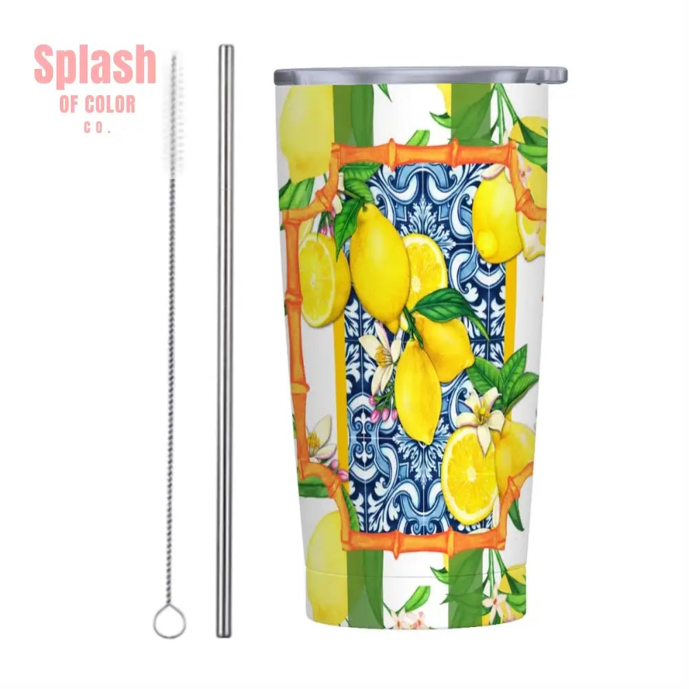 Meditteranean Lemony Zest Blue Yellow Green Stainless Steel Insulated Tumblers with Lid & Straw (20oz) - Splash of Color co.