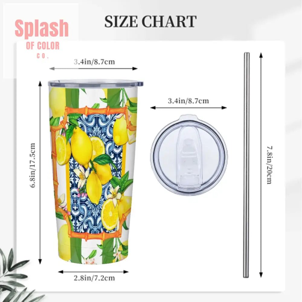 Meditteranean Lemony Zest Blue Yellow Green Stainless Steel Insulated Tumblers with Lid & Straw (20oz) - Splash of Color co.