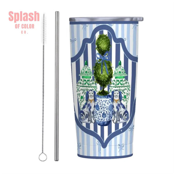 Staffordshire Asian Designed Green Blue Striped Preppy Stainless Steel Insulated Tumblers with Lid & Straw (20oz) - Splash of Color co.