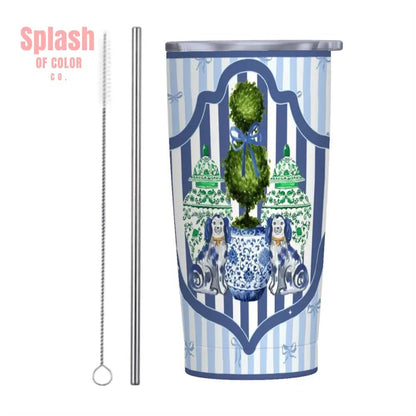 Staffordshire Asian Designed Green Blue Striped Preppy Stainless Steel Insulated Tumblers with Lid & Straw (20oz) - Splash of Color co.