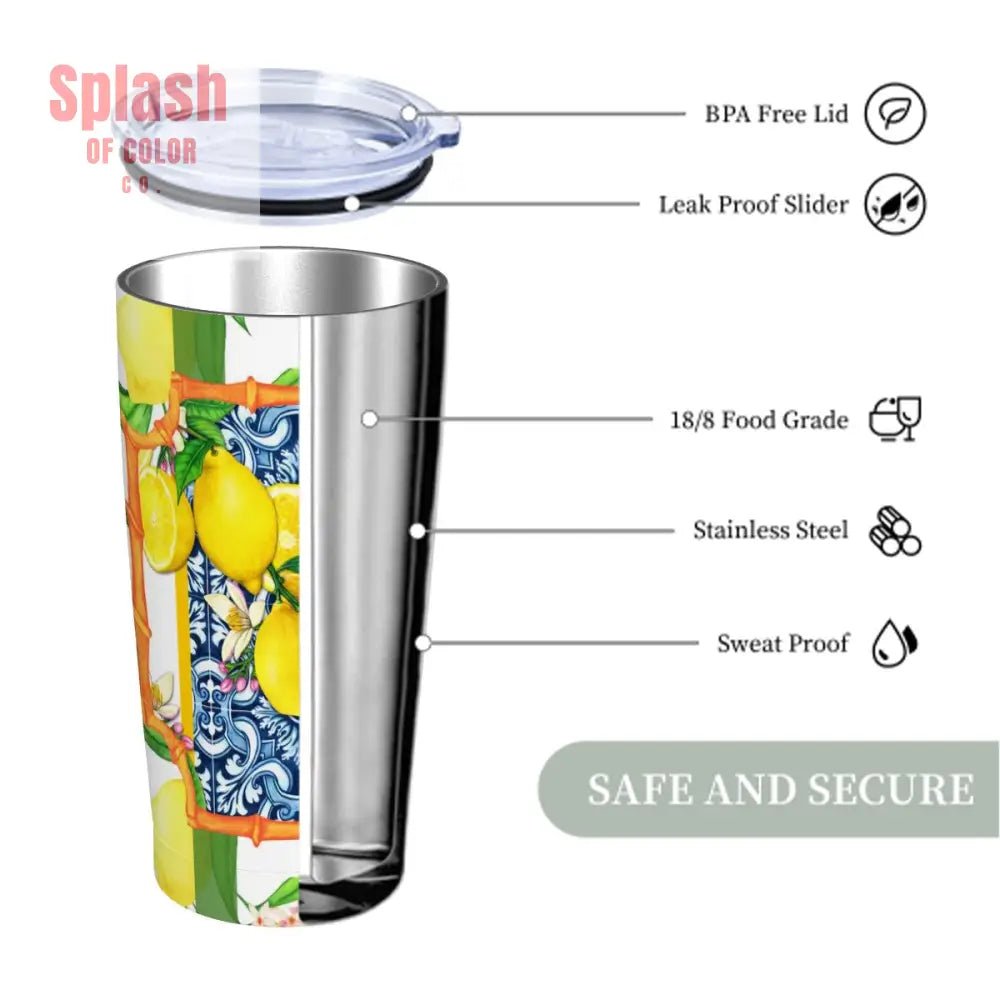 Meditteranean Lemony Zest Blue Yellow Green Stainless Steel Insulated Tumblers with Lid & Straw (20oz) - Splash of Color co.