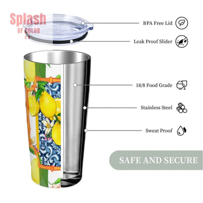 Meditteranean Lemony Zest Blue Yellow Green Stainless Steel Insulated Tumblers with Lid & Straw (20oz) - Splash of Color co.