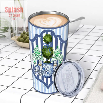 Staffordshire Asian Designed Green Blue Striped Preppy Stainless Steel Insulated Tumblers with Lid & Straw (20oz) - Splash of Color co.
