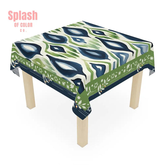Star Of David Jewish Mahjon Elegant Watercolor Blue Green Tablecloth with Geometric Pattern One size / White Home Decor