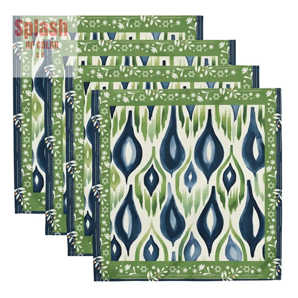 Star Of David Royal Blue Green Watercolor Ikat Design Elegant Dinner Napkin Set - Splash of Color co.