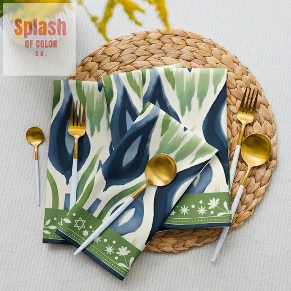 Star Of David Royal Blue Green Watercolor Ikat Design Elegant Dinner Napkin Set - Splash of Color co.