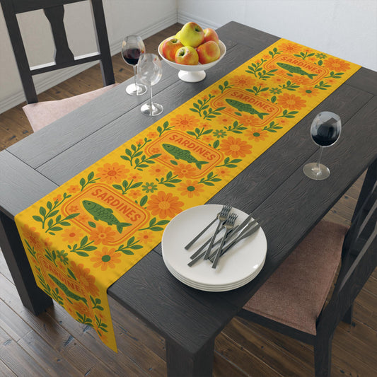 Summer Sardine Table Runner Cheerful Tinned Fish Floral Table Runner | Nautical Bright Summer Decor
