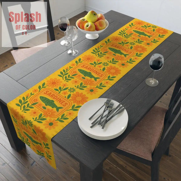 Summer Sardine Table Runner Cheerful Tinned Fish Floral Table Runner | Nautical Bright Summer Decor