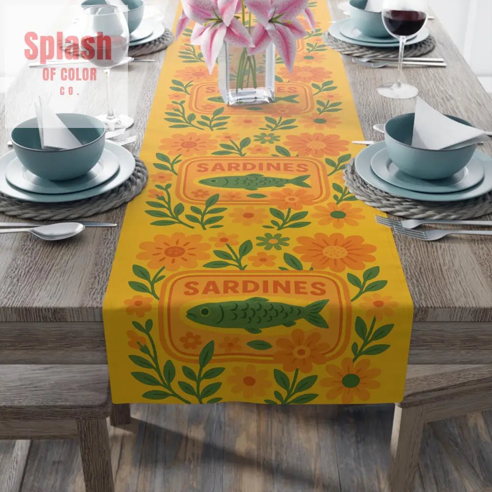 Summer Sardine Table Runner Cheerful Tinned Fish Floral Table Runner | Nautical Bright Summer Decor