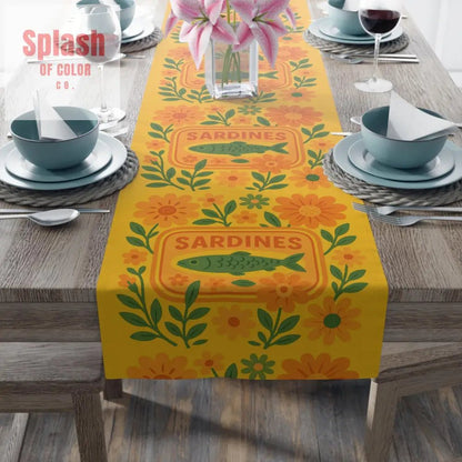 Summer Sardine Table Runner Cheerful Tinned Fish Floral Table Runner | Nautical Bright Summer Decor