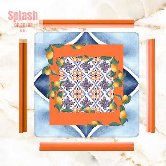 Taste Or Tuscany Citrus Lemong Orange Blue Watercolor Mahjong Mat - Daily Accessories
