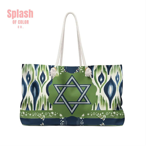 The Star Of David Mahjong Tote Bag, Blue Green Ikat Watercolor Stylish Weekender Bag for Travel - Splash of Color co.