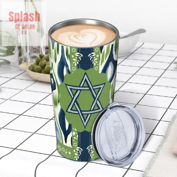 The Star Of David Watercolor Ikat Blue Green Modern Stainless Steel Insulated Tumbler - Splash of Color co.