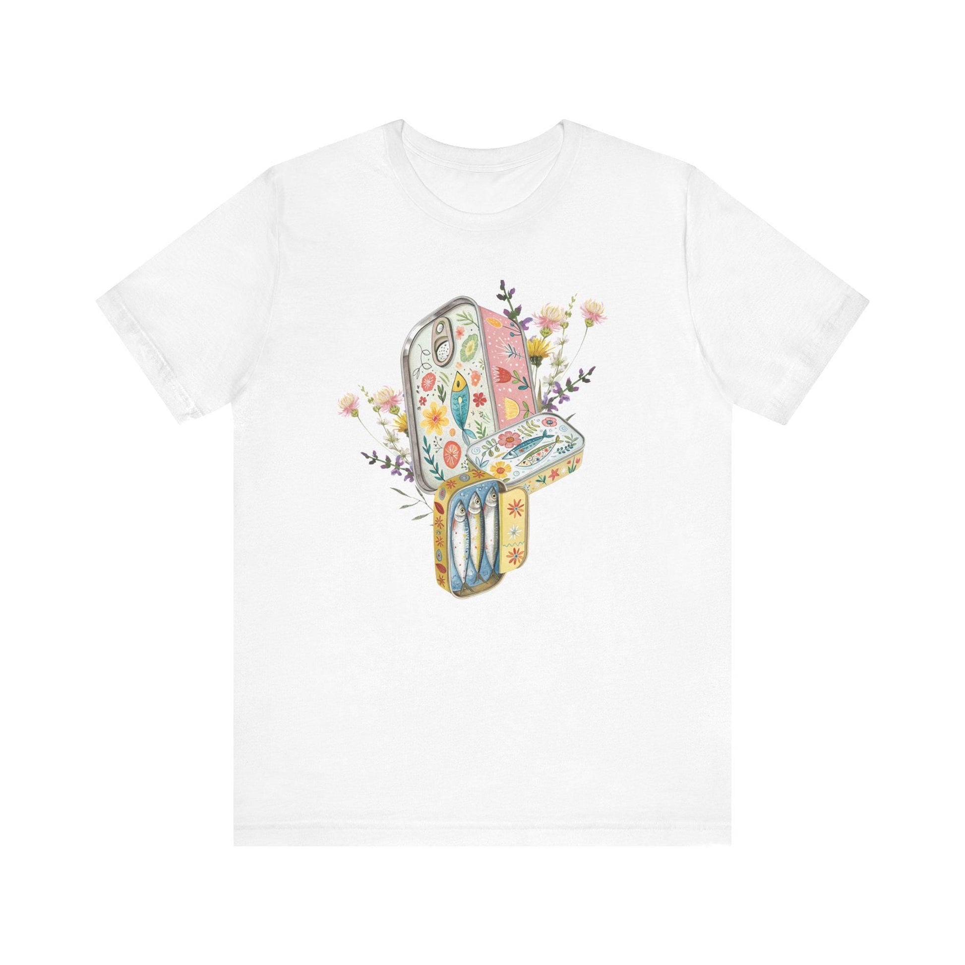 Tinned Fish Sardine Floral T-Shirt Bohemian Style Tee Casual Summer Shirt Gift for Nature Lovers Trendy Graphic Top
