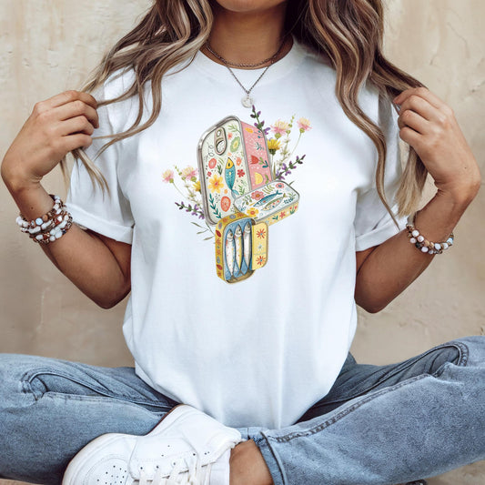 Tinned Fish Sardine Floral T-Shirt Bohemian Style Tee Casual Summer Shirt Gift for Nature Lovers Trendy Graphic Top