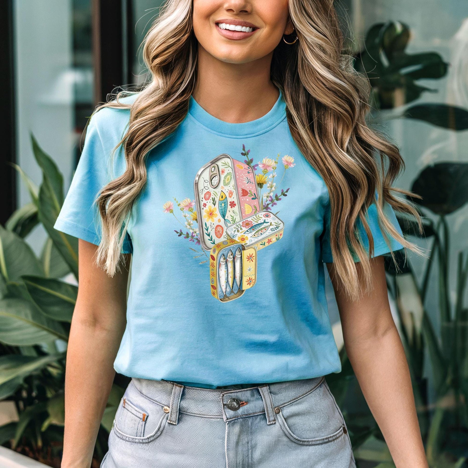 Tinned Fish Sardine Floral T-Shirt Bohemian Style Tee Casual Summer Shirt Gift for Nature Lovers Trendy Graphic Top