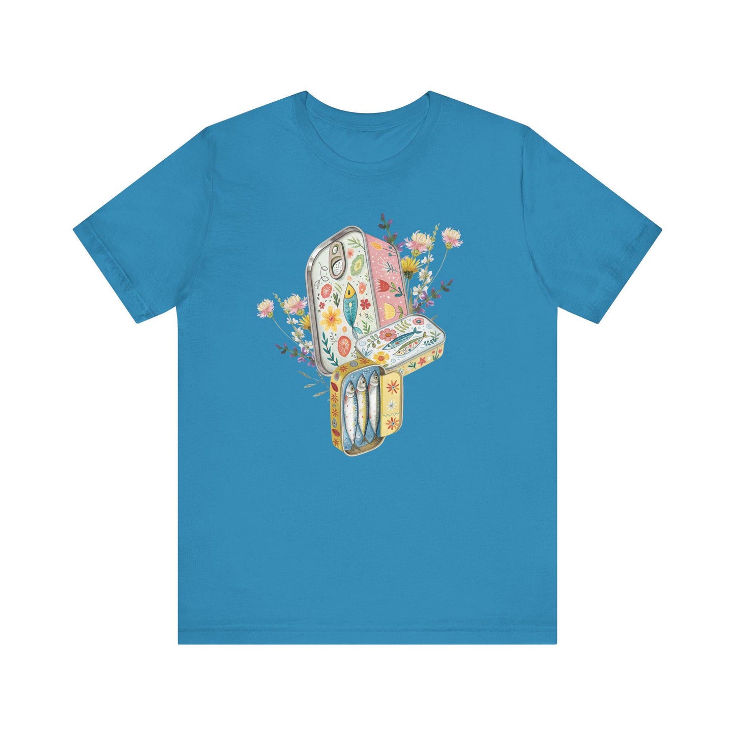 Tinned Fish Sardine Floral T-Shirt Bohemian Style Tee Casual Summer Shirt Gift for Nature Lovers Trendy Graphic Top