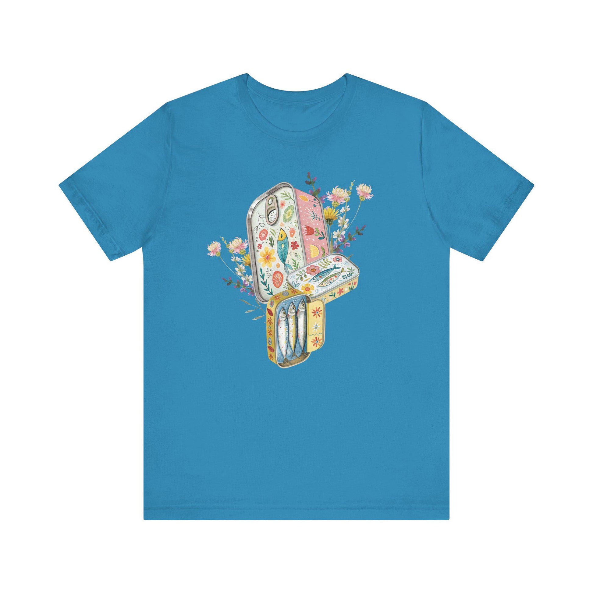 Tinned Fish Sardine Floral T-Shirt Bohemian Style Tee Casual Summer Shirt Gift for Nature Lovers Trendy Graphic Top