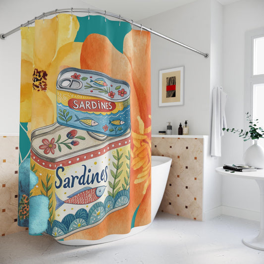 Tinned Fish Whimsical Sardine Floral Shower Curtain Vintage Watercolor Nautical Bathroom Accessory Gift for Foodies