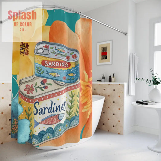 Tinned Fish Whimsical Sardine Floral Shower Curtain Vintage Watercolor Nautical Bathroom Accessory Gift for Foodies
