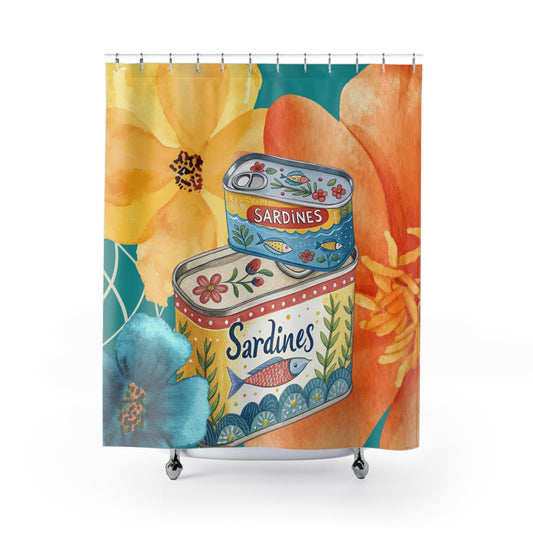 Tinned Fish Whimsical Sardine Floral Shower Curtain Vintage Watercolor Nautical Bathroom Accessory Gift for Foodies