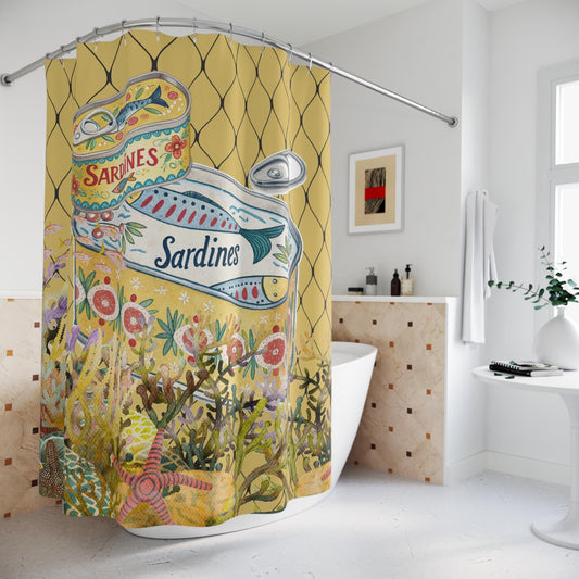 Tinned Fish Whimsical Sardine Shower Curtain - Colorful Nautical Decor for Beach Lovers Coastal Bathroom Vintage Style