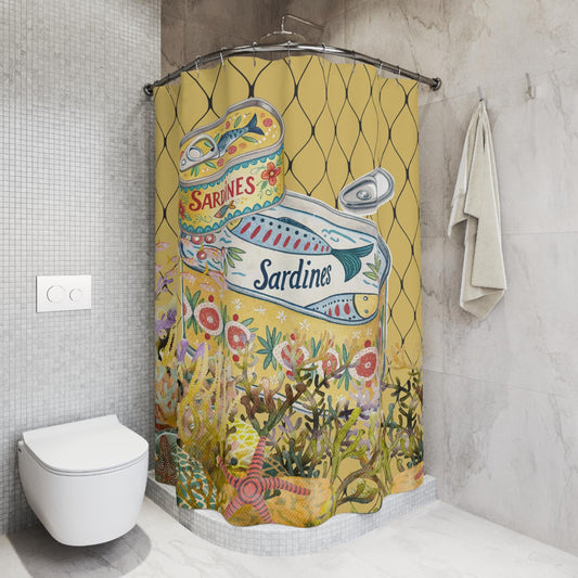 Tinned Fish Whimsical Sardine Shower Curtain - Colorful Nautical Decor for Beach Lovers Coastal Bathroom Vintage Style